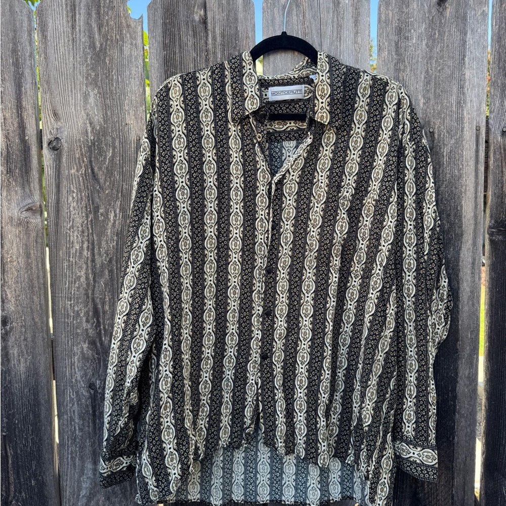 Vintage Black and Cream Patterned Paisley Button Down Shirt Rayon